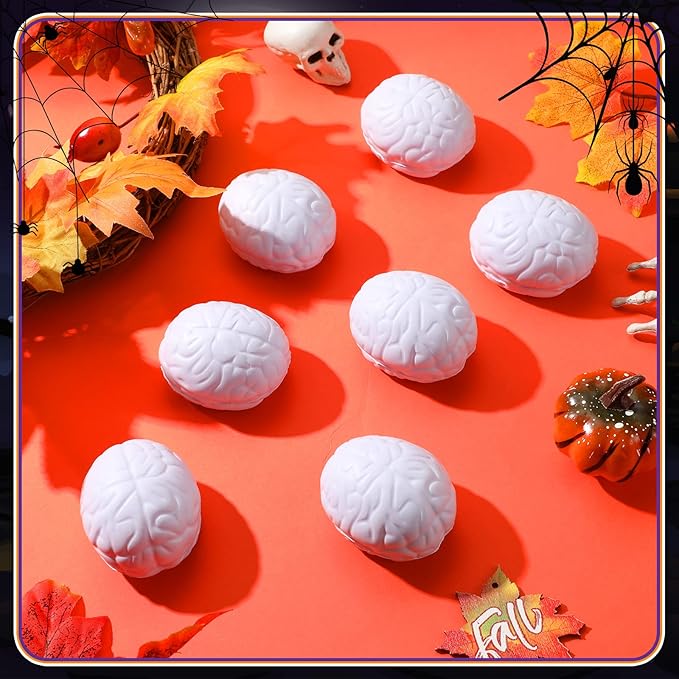 Leitee 12 Pcs Brain Stress Balls Bulk Large Halloween Brain Toys PU Hand Muscle Exercise Pressure Ball Funny Stress Relief Toy for Teens Adult Improving Grip Strength Prop(White)