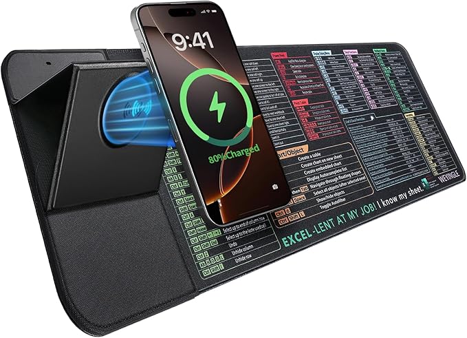 Wireless Charging Mouse Pad with Foldable Phone Stand &Excel Shortcut Keys 15W Qi Fast Charging Desk Mat XXL Non-Slip Surface for Gaming/Office, Compatible with Qi-Enabled Phones (31.5x11.8x0.16inch)