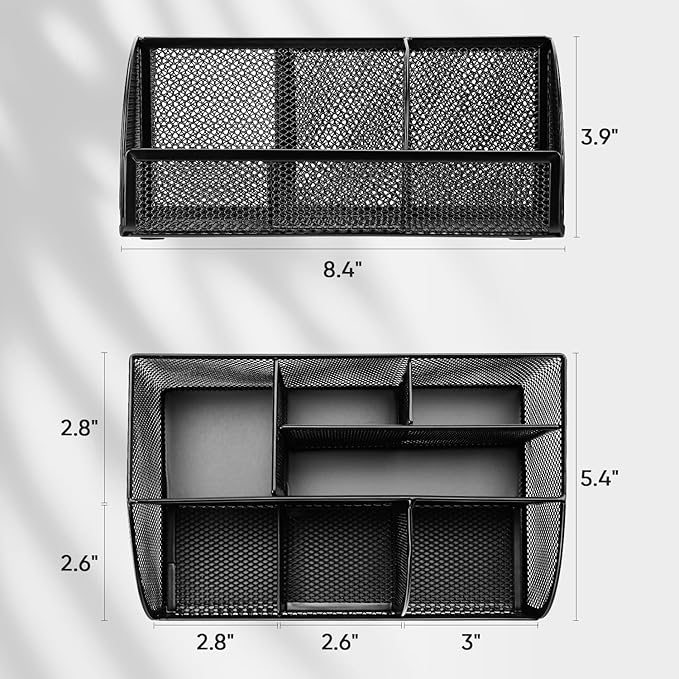 Deli 7-Compartment Black Mesh Desk Organizer with Pen Holder, Office Desktop Organizer, Metal Stationary Caddy