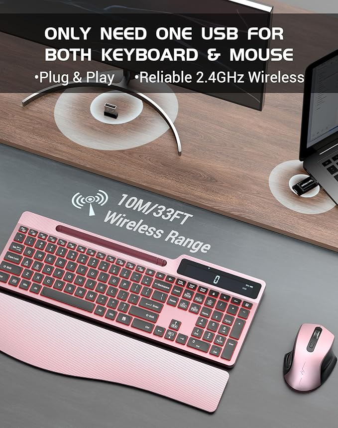 Wireless Keyboard Mouse Combo, Full Size Ergonomic Keyboard with Backlit, Wrist Rest, Calculator, Phone Holder, 2.4Ghz Silent Cordless Rechargeable Keyboard & Mouse for Laptop, PC (Pink Black)