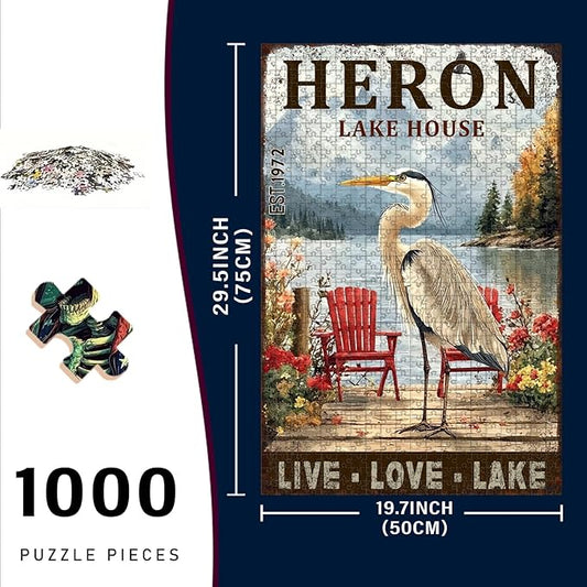 1000 Piece Difficult Wooden Jigsaw Puzzle Heron Lake House Adults Kids Parent Child Educational Stress Relief Learning Toy 29.5x19.7 Inch