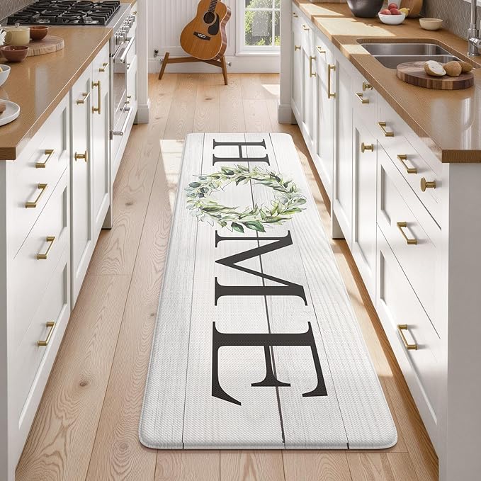 KIMODE Kitchen Mats Cushioned Anti Fatigue 24" x 71", Farmhouse Kitchen Rugs Runner Stain Resistant, Wide Ergonomic Standing Long Non Slip Waterproof Kitchen Floor Mat for Sink Laundry, White