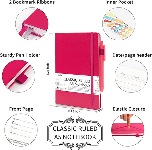 feela 3 Pack Notebooks Journals Bulk, Hardcover Notebook Classic Ruled Lined Journals with Pen Holder for Women Girls School Business Supplies, with 3 Black Pens, 120 GSM, 5.1”x8.3”, A5, Berry