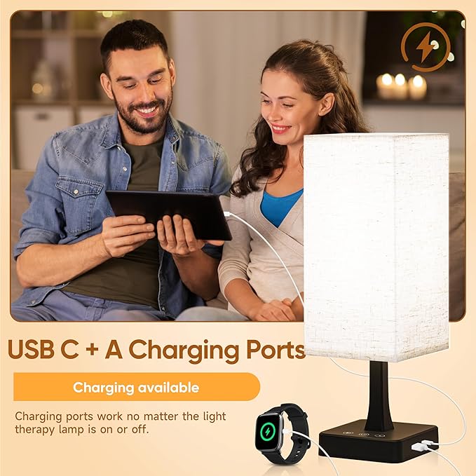 Light Therapy Lamp 10000 Lux Therapy Light with Remote and Touch Control, 3 Color Temperature, 5 Brightness Level Full Spectrum Light with USB C & A Ports Home/Office Use As Lift Mood, Black, 24W