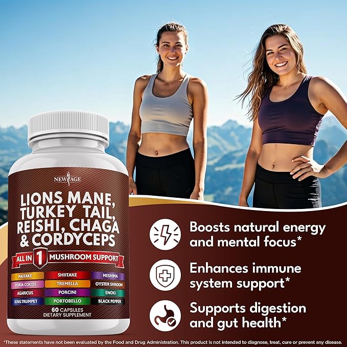 NEW AGE Lions Mane Mushroom Supplement with Turkey Tail Reishi Cordyceps Chaga with Marshmallow Root - 120 Count