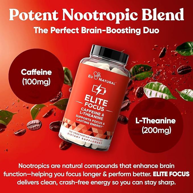 Elite Caffeine Pills with L-Theanine – Jitter-Free Focused Energy Supplements – Clean & Natural Nootropic Stack for Smart Cognitive Performance – 120 Soft Capsules