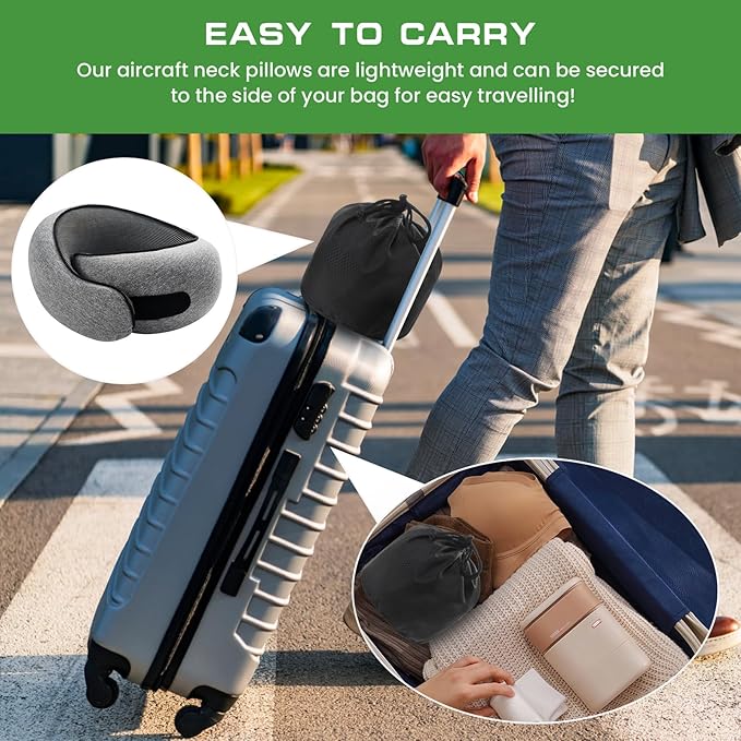 Badink® Memory Foam Neck Travel Pillow, Neck Pillow Airplane with MagicStrap – Adjustable Ergonomic Travel Pillow for Office/Airplane/Car, Washable Cover, Portable Cervical Support (Gray)