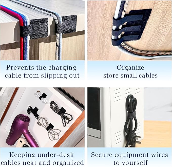 Desk Cable Management, Wire Organizers for Cords - Upgrade 48 PCS Black Sticky Back Self Adhesive Cable Ties, Hook and Loop Straps for Home or Office Use