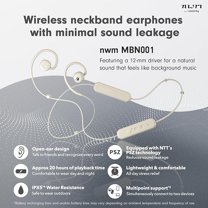 nwm NTT Sonority Wireless Open-Ear Speakers (Neckband) with PSZ Technology MBN001 White Beige