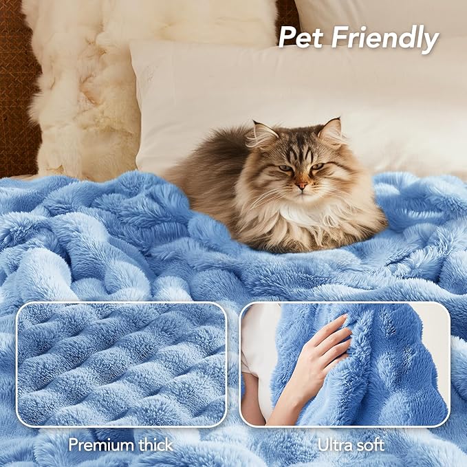 L'AGRATY Faux Fur Throw Blanket: 60" x 80" Luxury Soft Fluffy Rabbit Fur Blankets Twin for Couch Bed Sofa - Cozy Plush Bubble Blankets for Winter: Flannel Fleece Decorative Blanket(Airy Blue)