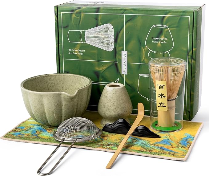 Green Matcha Whisk Set – 7 Pcs Japanese Matcha Kit, Bowl (Chawan) with Spout, Bamboo Whisk (Chasen) & Holder, Scoop (Chashaku), Sifter, Tea Towel – Perfect for Matcha Lovers & Tea Ceremony