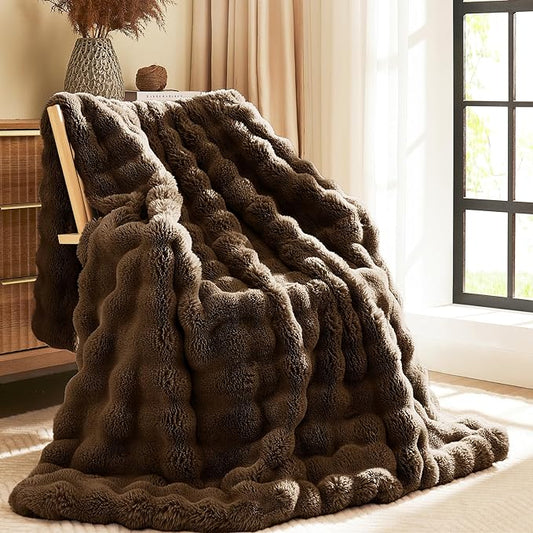 L'AGRATY Faux Rabbit Fur Blanket: 60" x 80" Twin Luxury Soft Fluffy Thick Fur Throw Blanket for Couch Bed Sofa - Cozy Plush Bubble Blankets for Winter: Flannel Fleece Decorative Blanket(Cocoa Brown)