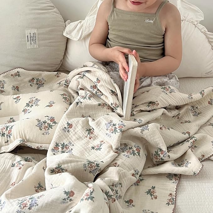BuLuTu Cotton Muslin Toddler Blanket for Kids Girls Boys, Soft Lightweight Baby Quilts 2 Layers Large Muslin Crib Blanket Floral Toddler Quilted Blankets, All Seasons, 47"x51"