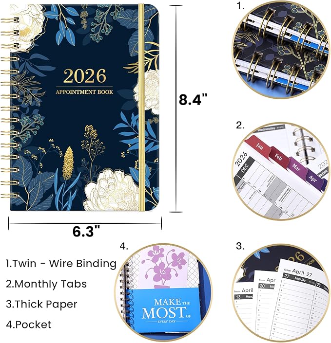 2026 Appointment Book - 2026 Planner, Daily Hourly Planner 2026, Jan 2026 - Dec 2026, Weekly & Monthly Planner, 6.3" x 8.5", Half Hour (30 Mins) Interval, Colorful Tabs, Thick Paper, Inner Pocket