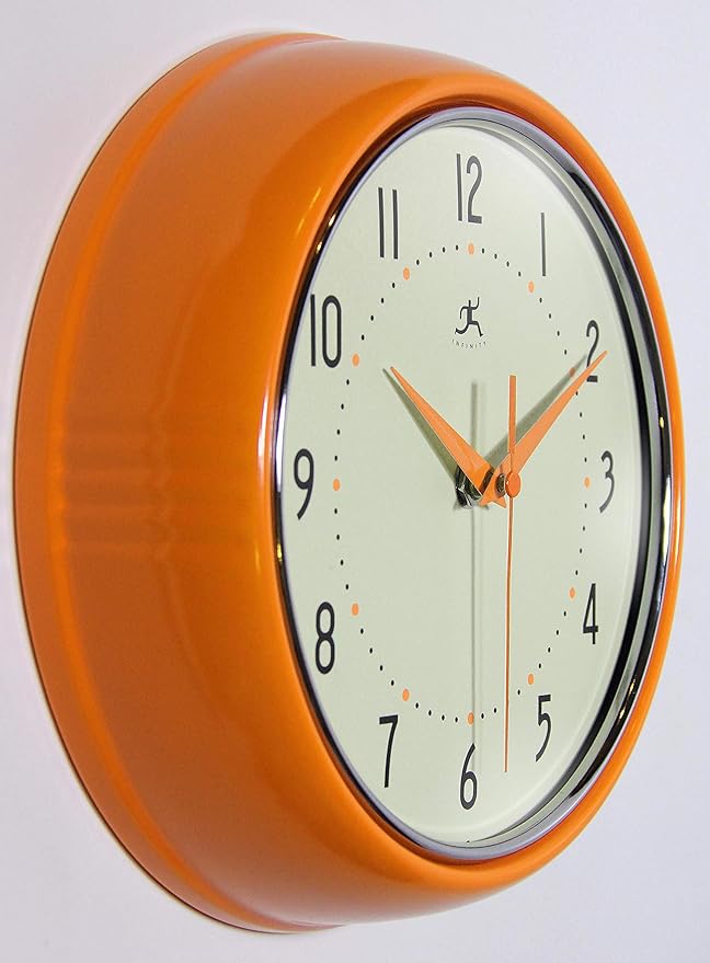 Infinity Instruments LTD. Retro 9 inch Silent Sweep Non-Ticking Mid Century Modern Kitchen Diner Wall Clock Quartz Movement Retro Wall Clock Decorative (Orange)…
