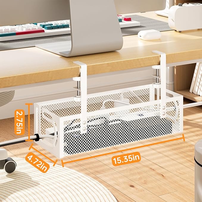Under Desk Cable Management Tray, 15.7'' No Drill Steel Desk Cable Organizers, Wire Management Tray Cable Management Rack (1 Pack-White)