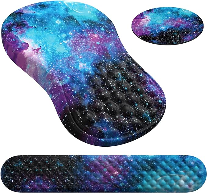 HAOCOO Ergonomic Mouse Pad with Wrist Rest, Keyboard Wrist Rest Pad, 3 PCS Computer Mouse Pad Sets for Desk, Memory Foam Mousepad with Wrist Support for Office Gaming Laptop, Galaxy Purple