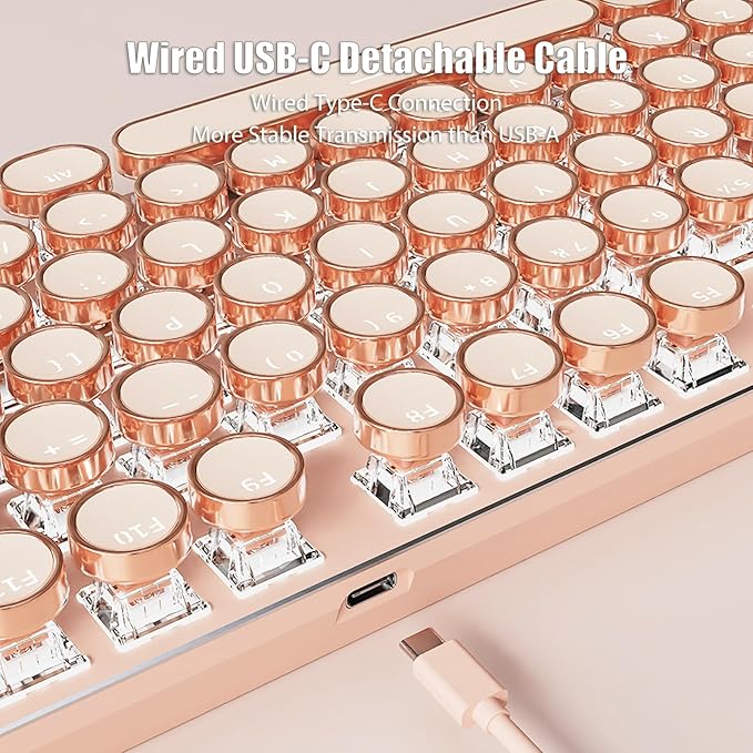 Typewriter Style Mechanical Gaming Keyboard White LED Backlit 104-Key NKRO Pink Switches Retro Round Keycaps Golden Ring Volume Knob Metal Panel Wired USB-C Detachable Cable, Rose Gold