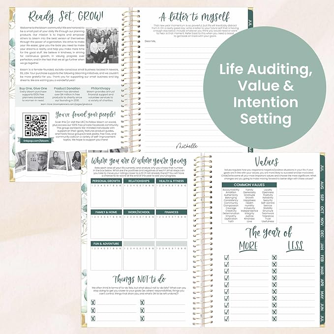 bloom daily planners HARDCOVER 2025-2026 Academic Year Day Planner (July 2025 - July 2026) - A5 Task Goal Organizer - Monthly & Weekly Inspirational Agenda Book - 5.5" x 8.25" - White Eucalyptus