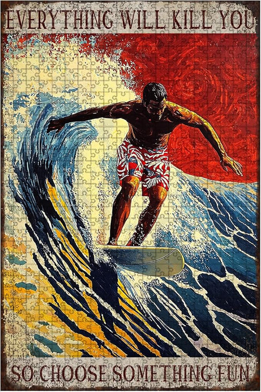 1000 Piece Surfing Metal Plaque Choose Something Fun Rustic Tin Sign Vintage Coastal Wall Art Retro Iron Poster for Ocean Lovers Beach Bar Decor 29.5x19.7 Inch