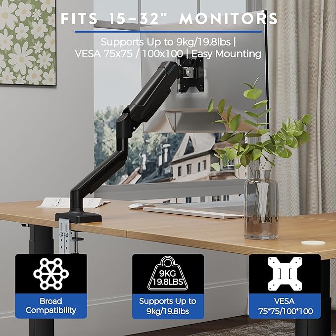 BONTEC Monitor Arm Desk Mount, Gas Spring Monitor Stand, Adjustable Full Motion VESA with C Clamp & Grommet Base, Supports 6.6-19.8lbs LCD/LED Tilt, Swivel, Rotation (Single Arm, 15-32 Inch)