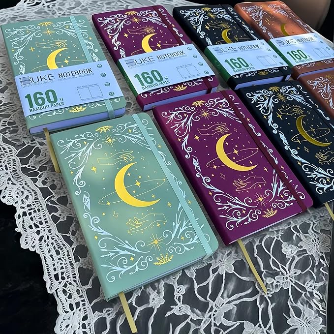 BUKE A5 Dotted Journal – 160gsm Ultra Bamboo Paper, Moon & Star Foil Cover, Flat Lay Notebook with Gift Box – 160 Pages, 5mm Dot Grid, Faux Leather Hardcover (Matcha Green)