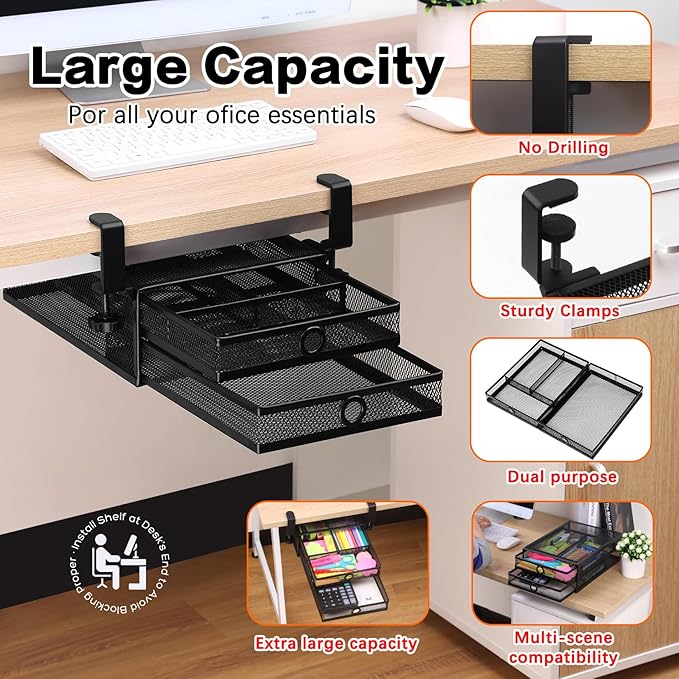 ROSLINE Under Desk & Desktop Drawer Organizer - 2-Tier Metal Slide Out Drawers Organizer, Storage for Home Office Desk (Black)