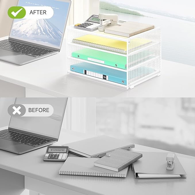 Lavatino 3-Tier Letter Tray Desk Paper Organizer – White Mesh Metal File Tray Organizer for Desk, Office Supplies & Home Organization | Fits A4/Letter Paper, Mail, Magazines and Office Accessories