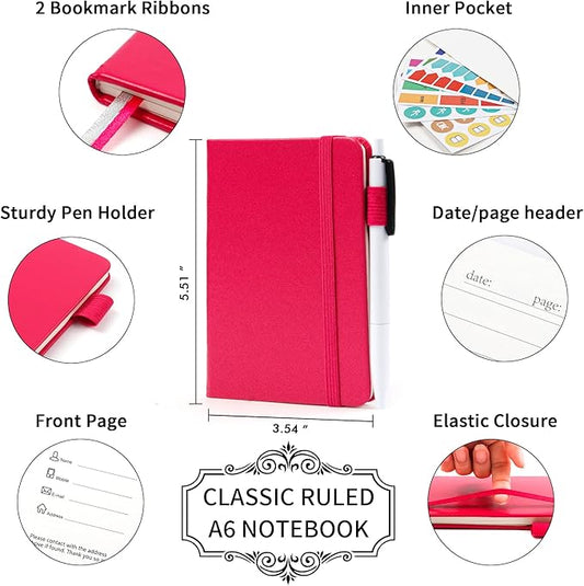 feela 3 Pack Pocket Small Notebook Journals, Mini Cute Memo Notepad Hardcover College Ruled Lined Journals with Pen Holder for Women Girls Office School, with 3 Black Pens, 3.5”x 5.5”, A6, Berry