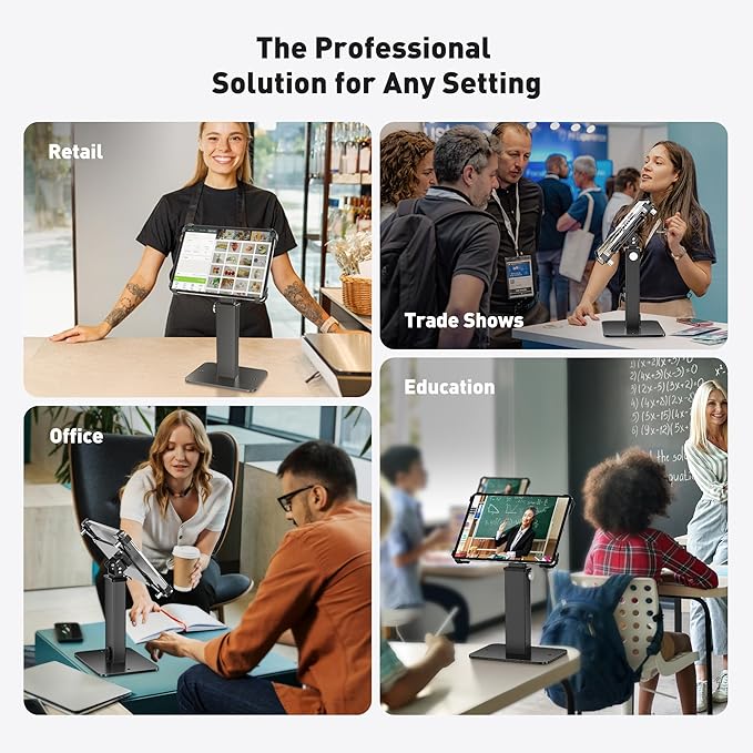 AboveTEK Anti-Theft iPad Kiosk Stand, 360 Rotation & Adj. Height 8.3"–13.4", Heavy-Duty Steel & Aluminum, Fits 9.7"-13" Tablets, Security Retail POS Tablet Stand for Business & Commercial Use