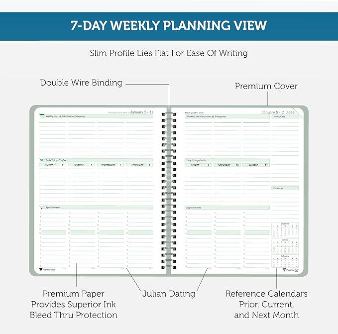 Planner Pad Spiral Bound January-December 2026/ Calendar Year 6 3/4" x 8 1/2" Medium 3-Tier Funnel Down 12 Month Organizer, Greenish Grey Cover/Soft Green Ink