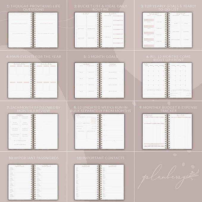 PLANBERRY Weekly Planner Premium – Undated Life Organizer & Budget Planner – Time Management, Goal Setting, to-Do List, Work-Life Balance & Habit Tracker – 6.9″ x 8.5″ (Onyx Black)