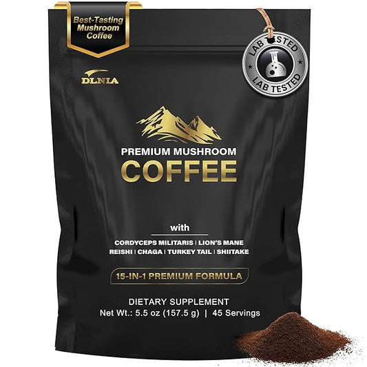 DLNIA Organic Mushroom Coffee with 12 Adaptogenic Mushrooms, Arabica Beans, Coconut Milk & MCT Oil | Cordyceps, Lion’s Mane & Turkey Tail Instant Coffee for Better Energy, Focus, Digestion, Immunity