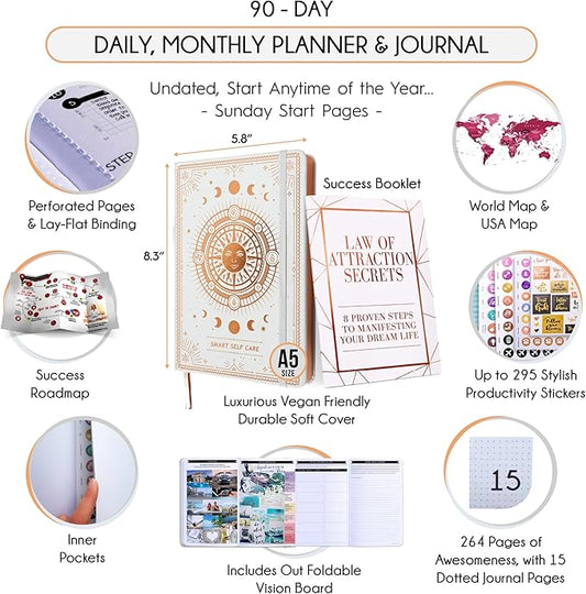 Self Care Journal - 5 Minute Mental Health & Manifestation Journal | 90-Day Undated Daily Planner for Positivity, Affirmations & Gratitude | Guided Mindfulness, Reflection | Vision Board + Stickers