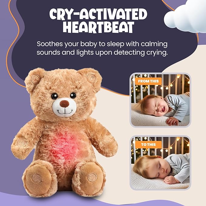 Gemma Joy Baby Sleep Soother Teddy Bear for Baby – Cry Activated Heartbeat Stuffed Animal – Rechargeable Crib Soother with White Noise, Shush, Lullabies & Night Light – Newborn Essentials Must Haves