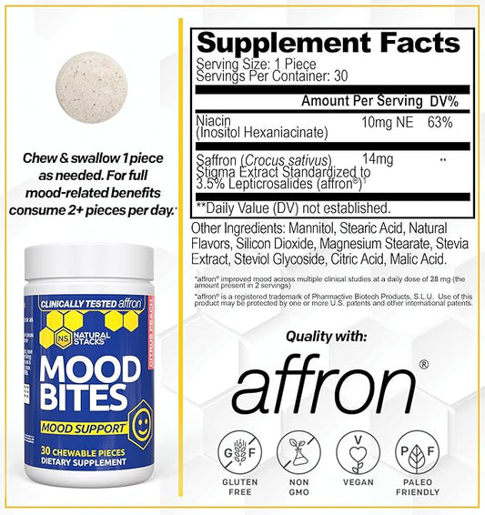 Saffron Supplement with Vitamin B3 - Mood Support Supplement - 14mg Saffron Extract & 62mg Vitamin B3 Niacin - Mood Bites for Stress Relief - Clinically Tested Affron - 30 Citrus Peach Chewables
