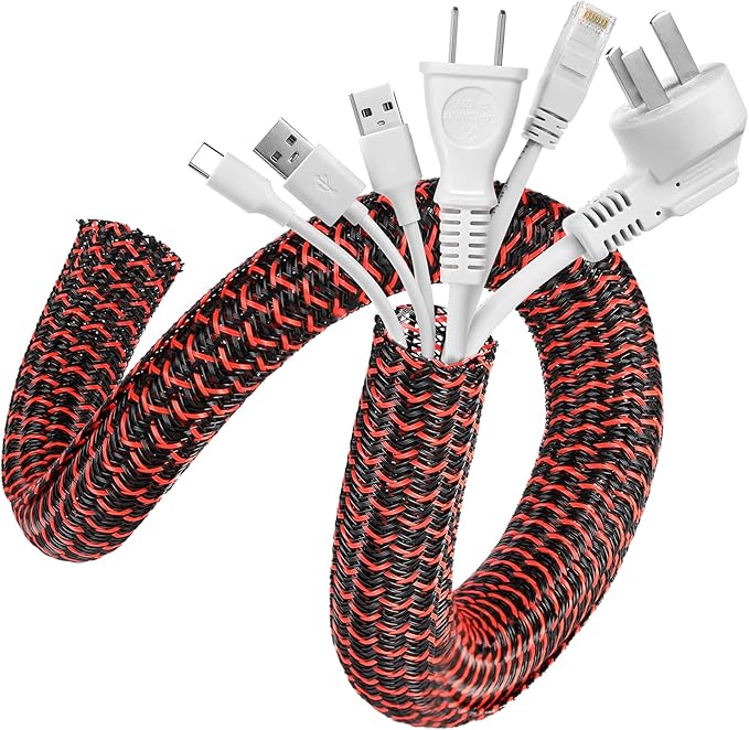 AGPTEK Cable Sleeve Cover, 10ft - 1.2 inch Desk Cord Organizer Cable Hider, Home Office Wire Management Computer TV Wire Loom Tubing, Pet Proof Cord Protector, from Cat Dog Chewing, BlackRed