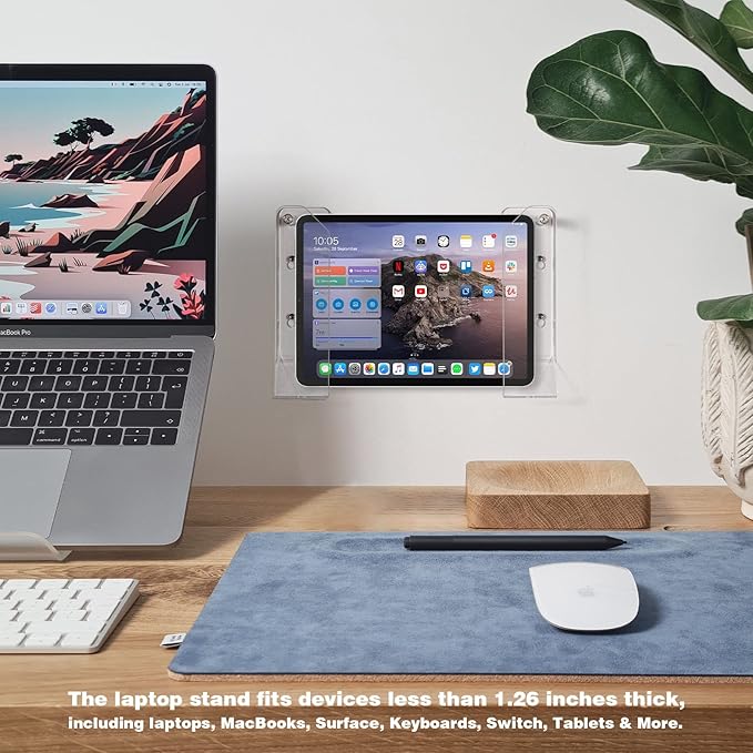 SIPRDE Wall Mount Laptop Holder - Also Available as an Under Desk Laptop Mount, Clear Acrylic, with Adhesive & Screw, for Macbooks, Surface, Keyboards, Switch, Tablets & More