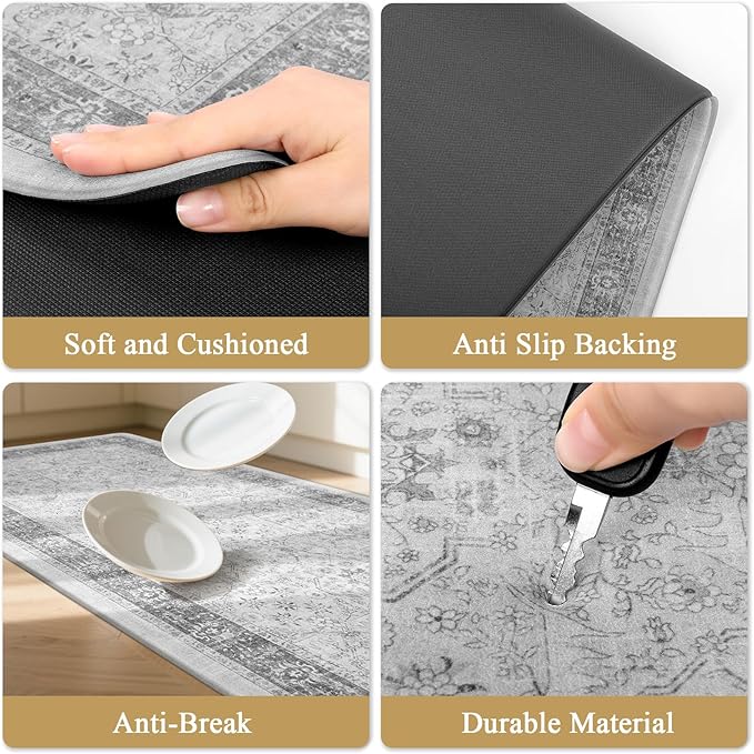 Pauwer Anti Fatigue Kitchen Mat Set of 3 Non Slip Kitchen Mats for Floor Cushioned Kitchen Rugs Comfort Standing Mat Farmhouse Waterproof PVC Foam Kitchen Floor Mat Runner, Light Grey