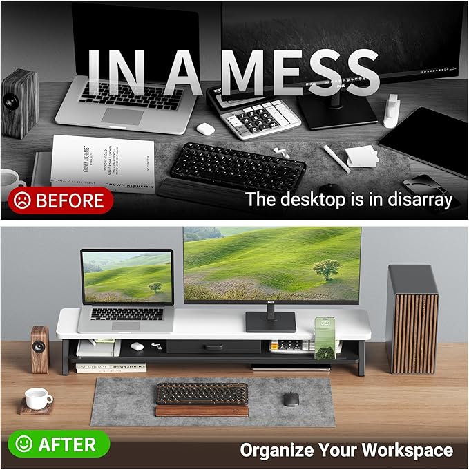 Dual Monitor Stand Riser,LED 2-Tier 39.3 Inch Computer Monitor Stand for 2 Monitors,Office Desktop Organizer with Storage Drawer and Phone Holder for Laptop,PC,Computer,Printer,White