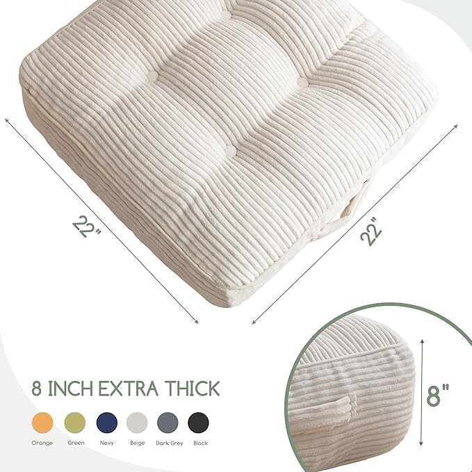 8" Washable Floor Pillow Cushion for Adults, Meditation Cushion Pillow, Large Square Floor Sitting, Removable Tufted Corduroy Cover, for Tatami Living Room or Yoga, 22x22 Inch, Machine Washable