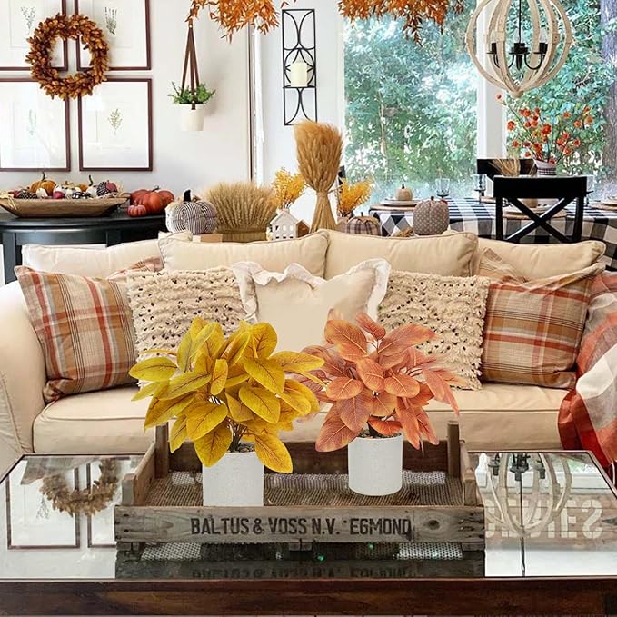 2PCS Fall Artificial Potted Plants Small Plastic Eucalyptus Plants Fall Decorations for Home Autumn Office Desk Farmhouse Room Decor