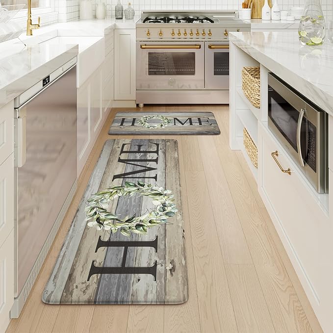 KIMODE Anti Fatigue Mats for Kitchen Floor,Farmhouse Rugs Sets of 2,Cushioned Carpet Non Slip for Laundry,Wide Memory Foam Runner for Sink Office,Grey 20"x47"+20"x32"