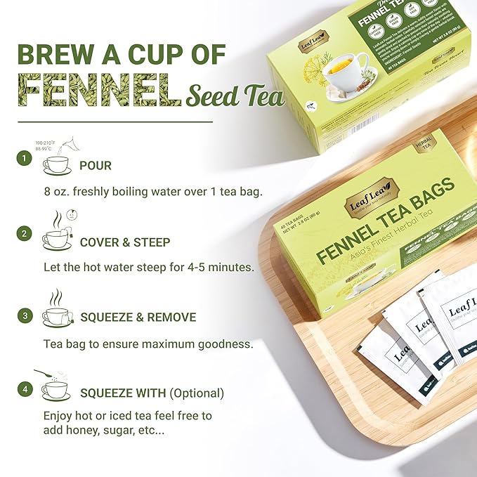 LeafLea 40 Fennel Tea Bags, 100% Natural & Pure Fennel Seed Tea, Gentle Digestion & Fresh Breath, Mild Sweet Finish, Caffeine-Free, Sugar-Free, Vegan, Non-GMO, Individually Wrapped