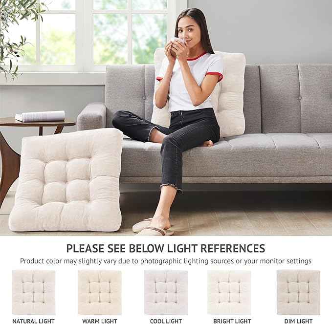 Meditation Floor Pillow Set of 2, Square Large Pillows Seating for Adults, Tufted Corduroy Cushion for Balcony Outdoor Tatami Living Room, Beige, 22x22 Inch