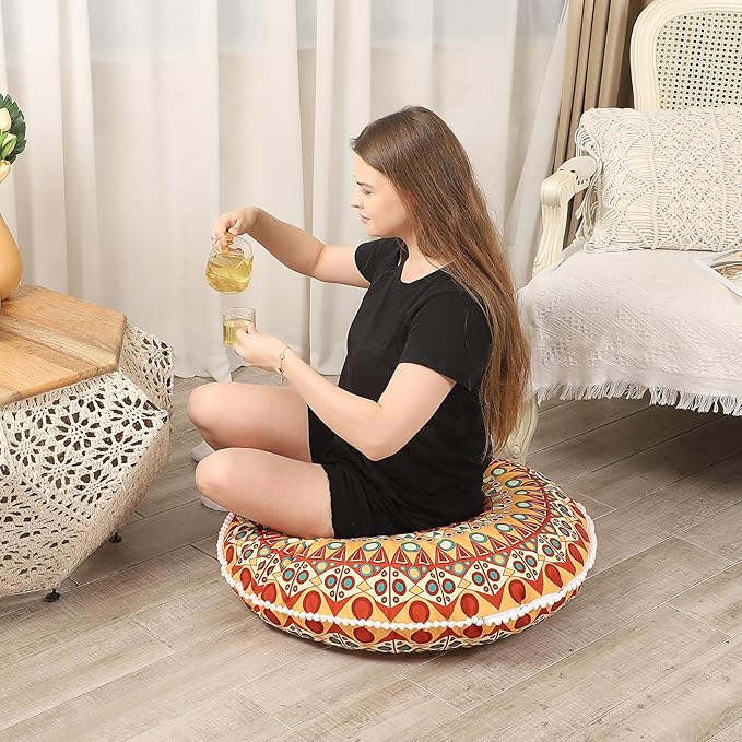 32 inches Meditation Floor Cushion for Adults, 2 Pack Round Large Thick Floor Pillow, Memory Foam Filling, Orange