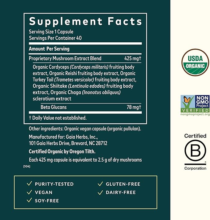 Gaia Herbs Immune Mushroom Blend - Immune Support Mushroom Supplement for Year-Round Health* - with Reishi, Cordyceps, Turkey Tail, Shiitake, and Chaga Mushrooms - 40 Vegan Capsules (40-Day Supply)