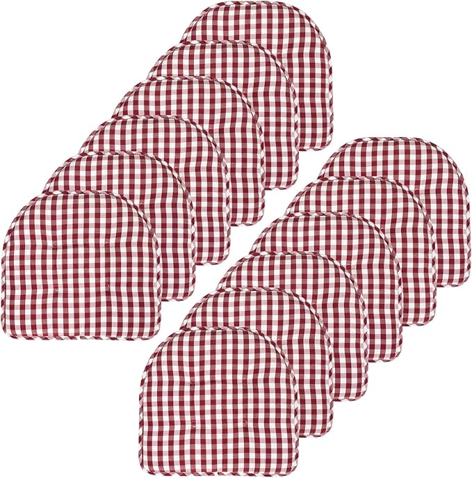 Sweet Home Collection Chair Cushion Memory Foam Pads Tufted Slip Non Skid Rubber Back U-Shaped 17" x 16" Seat Cover, 12 Pack, Checkered Wine/White