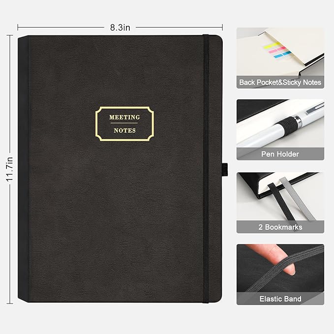EMSHOI Meeting Notebook for Work with Action Items - 240 Pages, A4 Project Planner, PU Leather Meeting Agenda/Minutes Journal Organizer for Women Men, Note Taking, Office Business, 8.5"x11", Black