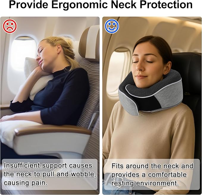 VOCOSTE Neck Pillow for Airplane Travel, Ergonomic Memory Foam Support for Long Flights, with Eye Mask & Earplugs, Home & Office Nap, Gifts for Frequent Flyer, Light Gray